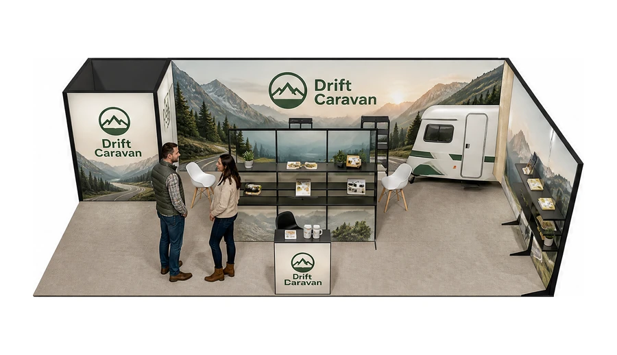 Stoisko 10 × 5 m narożne prawe dla branży caravaning i kampery, przykładowa marka Drift Caravan