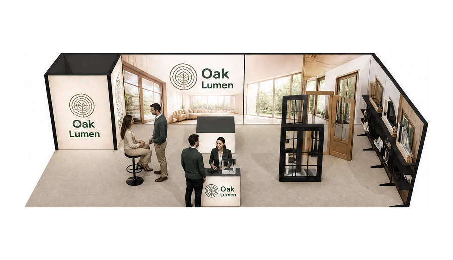 Stoisko 10 × 5 m narożne prawe dla branży okna i drzwi, przykładowa marka Oak Lumen