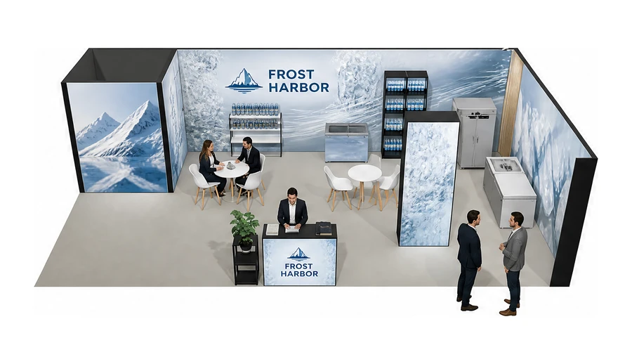 Stoisko 10 × 5 m narożne prawe dla branży łańcuch chłodniczy, przykładowa marka Frost Harbor