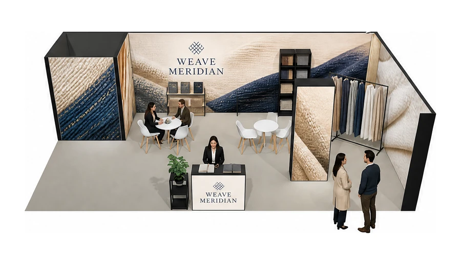 Stoisko 10 × 5 m narożne prawe dla branży tekstylia i tkaniny, przykładowa marka Weave Meridian