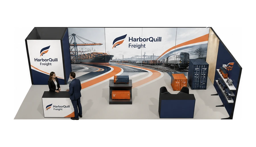 Stoisko 10 × 5 m narożne prawe dla branży logistyka i spedycja, przykładowa marka HarborQuill Freight
