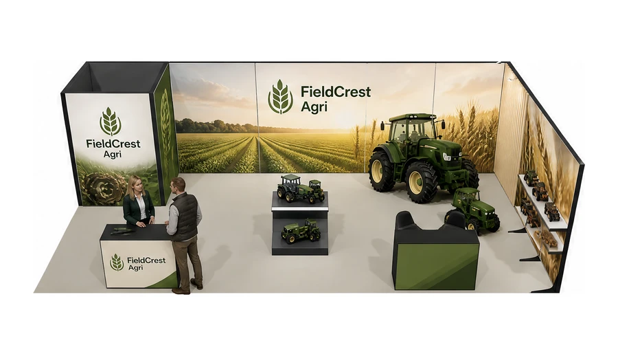 Stoisko 10 × 5 m narożne prawe dla branży maszyny rolnicze, przykładowa marka FieldCrest Agri