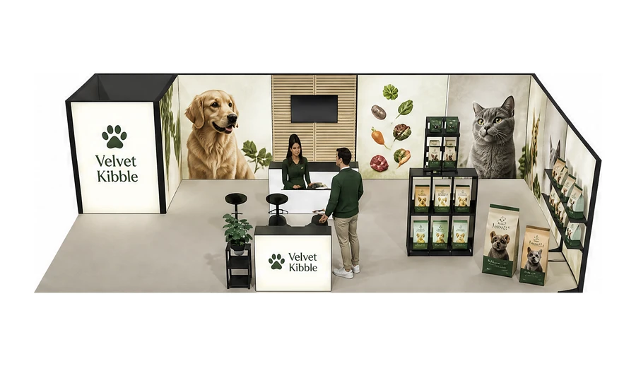 Stoisko 10 × 5 m narożne prawe dla branży karma dla zwierząt, przykładowa marka Velvet Kibble