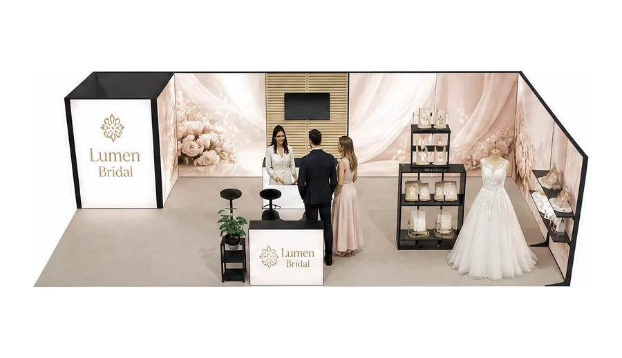 Stoisko 10 × 5 m narożne prawe dla branży branża ślubna, przykładowa marka Lumen Bridal