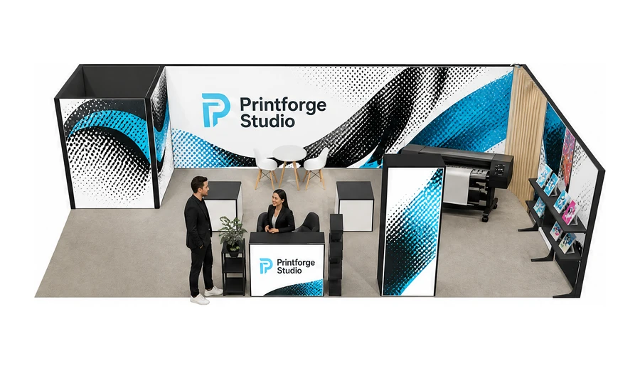 Stoisko 10 × 5 m narożne prawe dla branży reklama i druk, przykładowa marka Printforge Studio