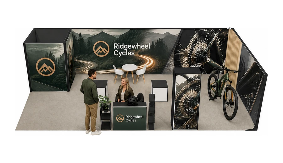 Stoisko 10 × 5 m narożne prawe dla branży rowery elektryczne, przykładowa marka Ridgewheel Cycles