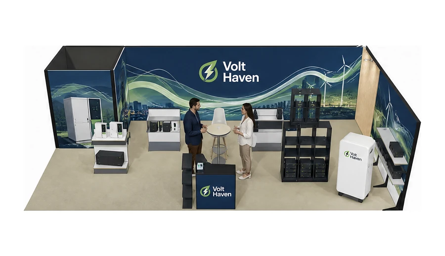 Stoisko 10 × 5 m narożne prawe dla branży magazyny energii, przykładowa marka Volt Haven