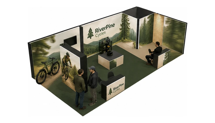 Stoisko 10 × 5 m narożne prawe dla branży rowery elektryczne, przykładowa marka RiverPine Cycles