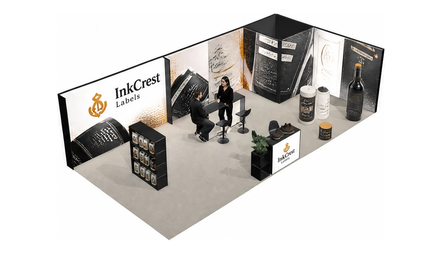 Stoisko 10 × 5 m narożne prawe dla branży etykiety i poligrafia, przykładowa marka InkCrest Labels