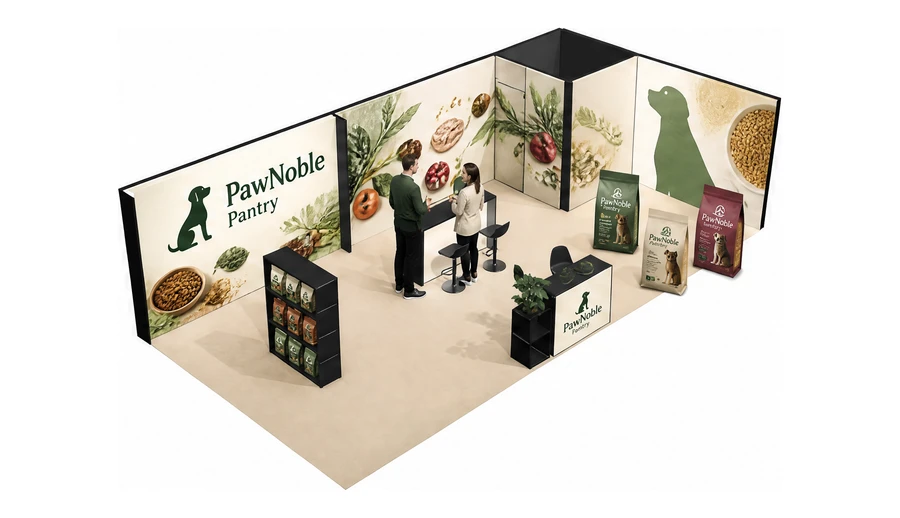 Stoisko 10 × 5 m narożne prawe dla branży karma dla zwierząt, przykładowa marka PawNoble Pantry
