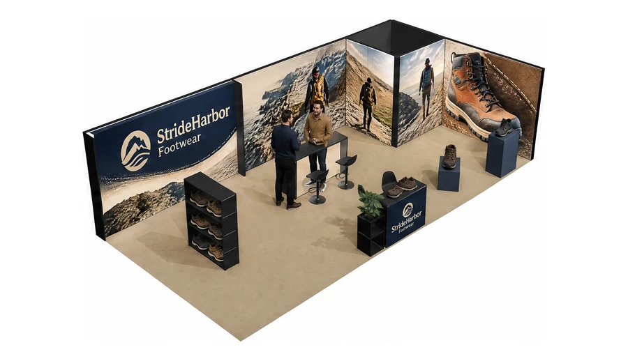 Stoisko 10 × 5 m narożne prawe dla branży obuwie, przykładowa marka StrideHarbor Footwear