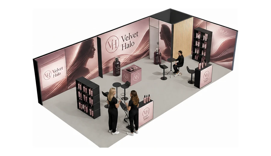 Stoisko 10 × 5 m narożne prawe dla branży fryzjerstwo i salony beauty, przykładowa marka Velvet Halo