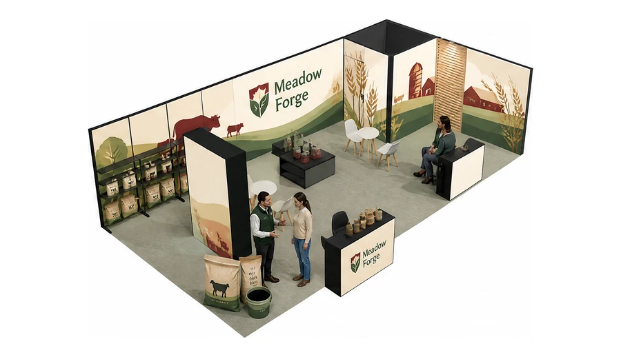 Stoisko 10 × 5 m narożne prawe dla branży hodowla i pasze, przykładowa marka Meadow Forge