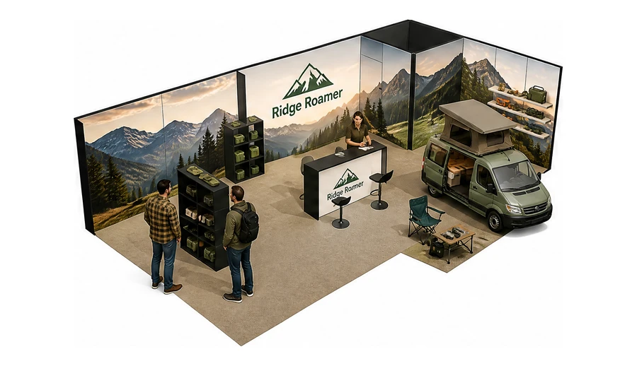 Stoisko 10 × 5 m narożne prawe dla branży caravaning i kampery, przykładowa marka Ridge Roamer