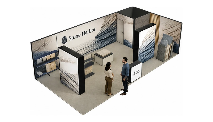 Stoisko 10 × 5 m narożne prawe dla branży materiały budowlane, przykładowa marka Stone Harbor