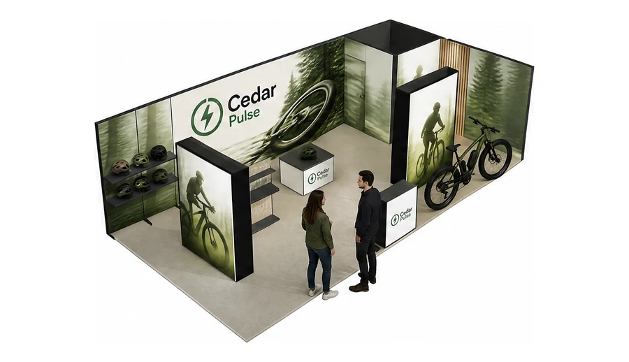 Stoisko 10 × 5 m narożne prawe dla branży rowery elektryczne, przykładowa marka Cedar Pulse