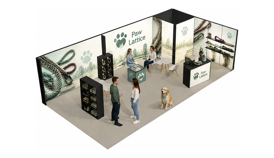Stoisko 10 × 5 m narożne prawe dla branży akcesoria dla zwierząt, przykładowa marka Paw Lattice