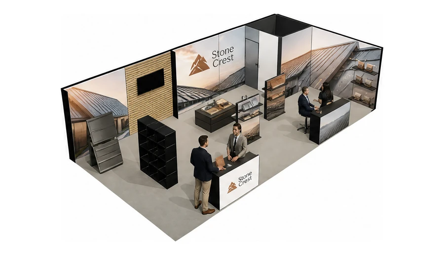 Stoisko 10 × 5 m narożne prawe dla branży dachy i elewacje, przykładowa marka Stone Crest