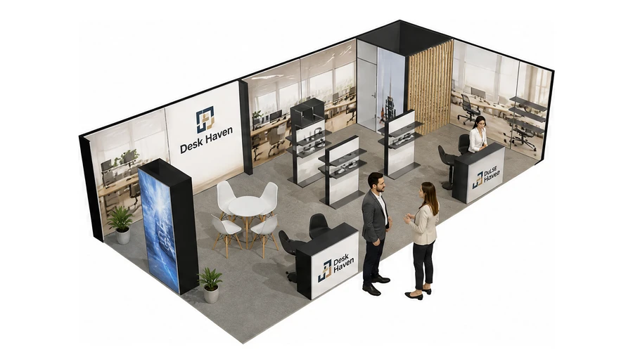 Stoisko 10 × 5 m narożne prawe dla branży meble biurowe, przykładowa marka Desk Haven