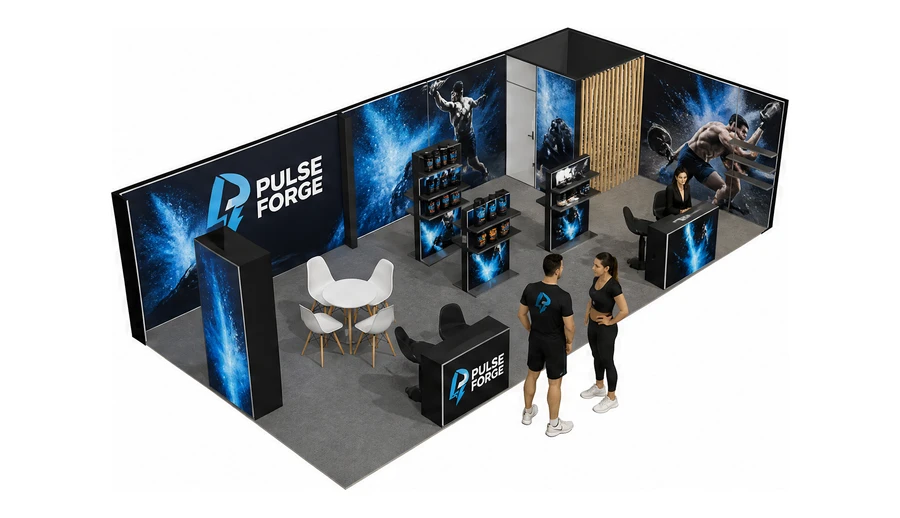 Stoisko 10 × 5 m narożne prawe dla branży suplementy diety, przykładowa marka Pulse Forge