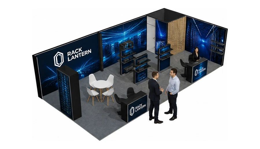 Stoisko 10 × 5 m narożne prawe dla branży infrastruktura IT i data center, przykładowa marka Rack Lantern