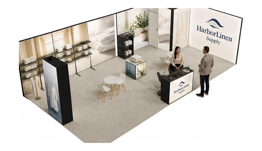 Stoisko 10 × 5 m narożne prawe dla branży wyposażenie hoteli, przykładowa marka HarborLinen Supply