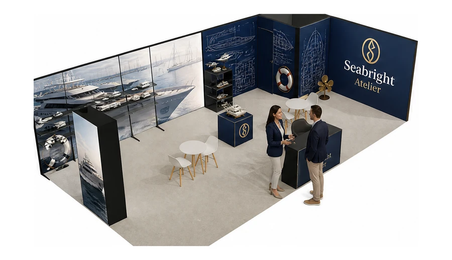 Stoisko 10 × 5 m narożne prawe dla branży jachty i łodzie, przykładowa marka Seabright Atelier