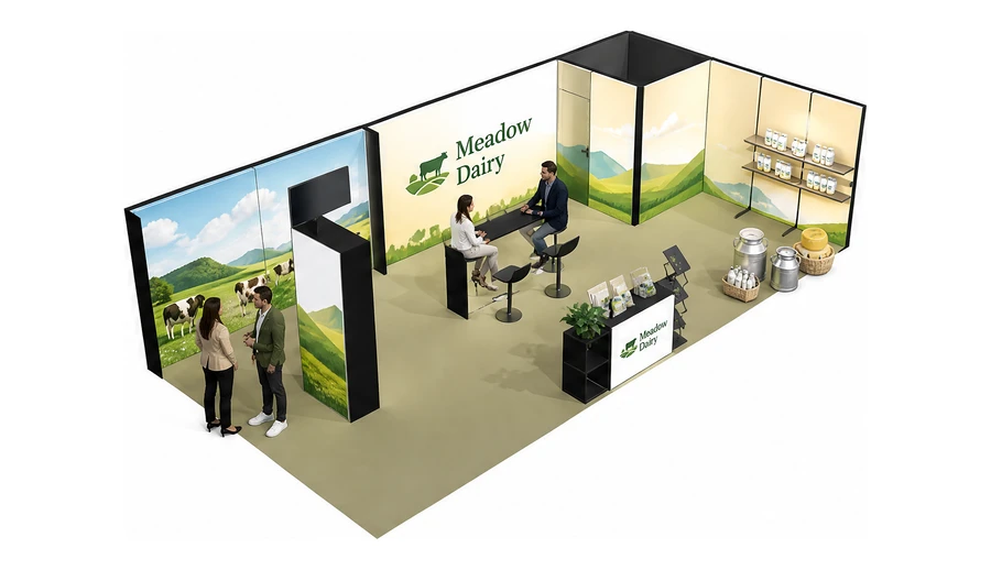 Stoisko 10 × 5 m narożne prawe dla branży nabiał i mleczarstwo, przykładowa marka Meadow Dairy