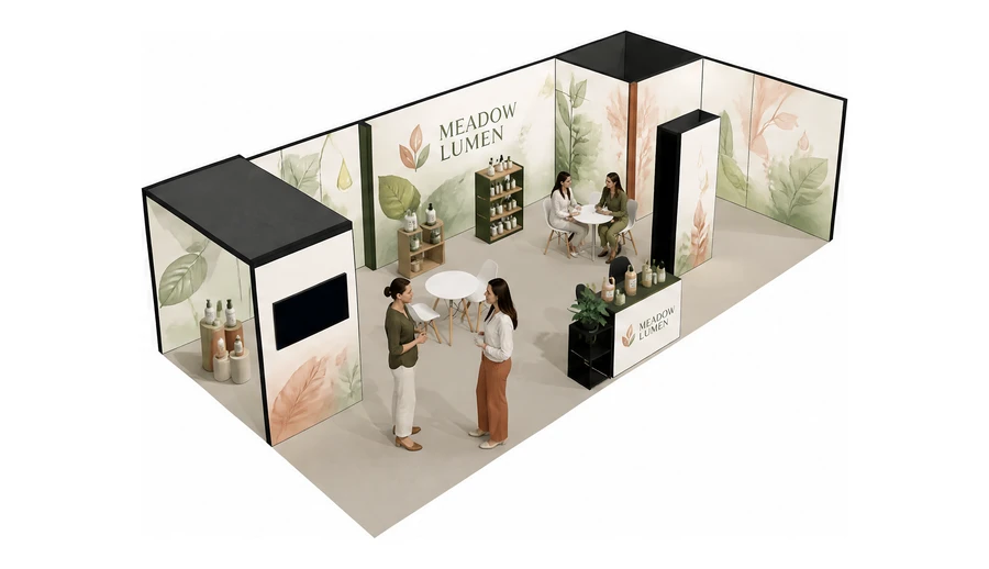 Stoisko 10 × 5 m narożne prawe dla branży kosmetyki naturalne, przykładowa marka Meadow Lumen