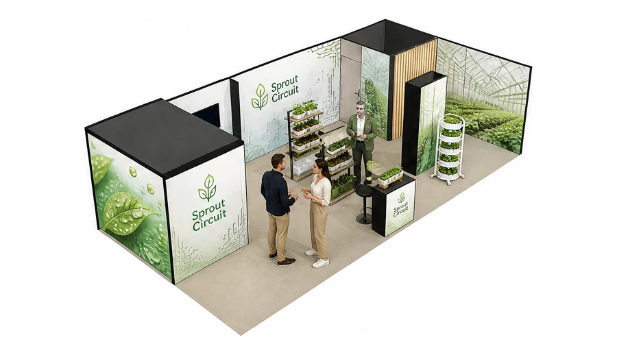 Stoisko 10 × 5 m narożne prawe dla branży sadownictwo i warzywnictwo, przykładowa marka Sprout Circuit