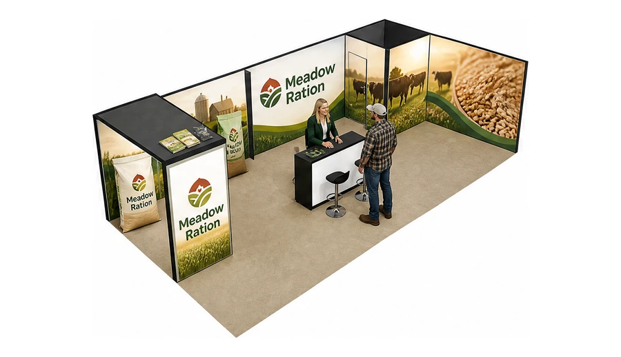 Stoisko 10 × 5 m narożne prawe dla branży hodowla i pasze, przykładowa marka Meadow Ration