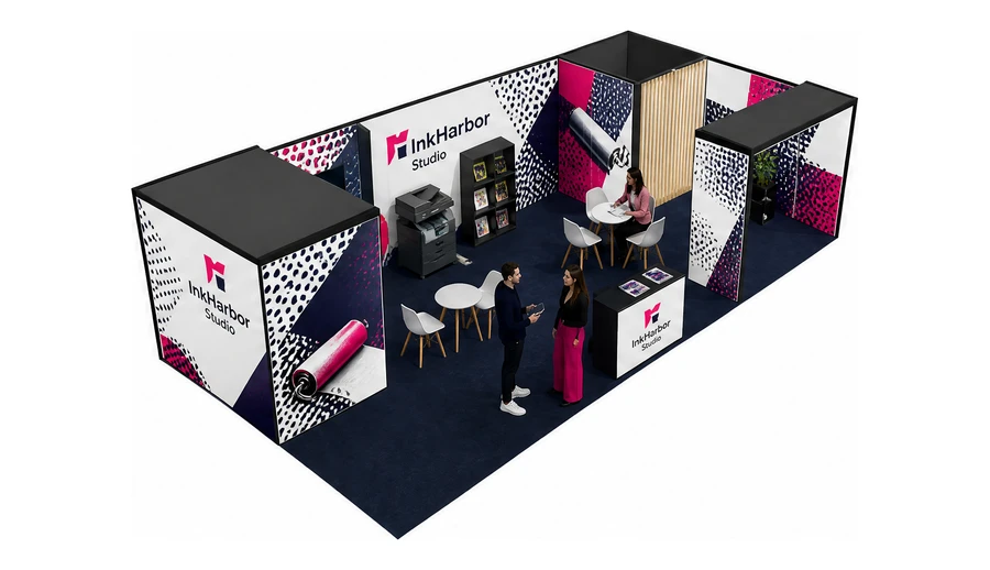 Stoisko 10 × 5 m narożne prawe dla branży reklama i druk, przykładowa marka InkHarbor Studio