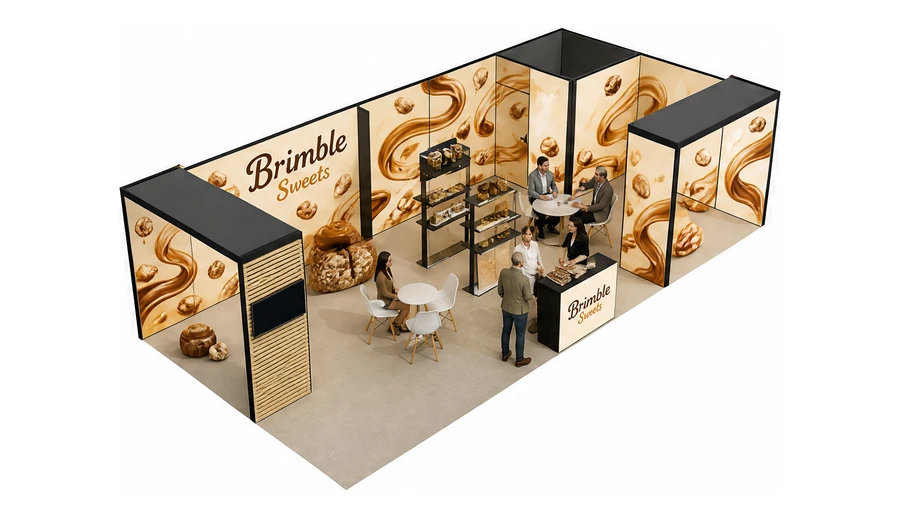 Stoisko 10 × 5 m narożne prawe dla branży słodycze i przekąski, przykładowa marka Brimble Sweets