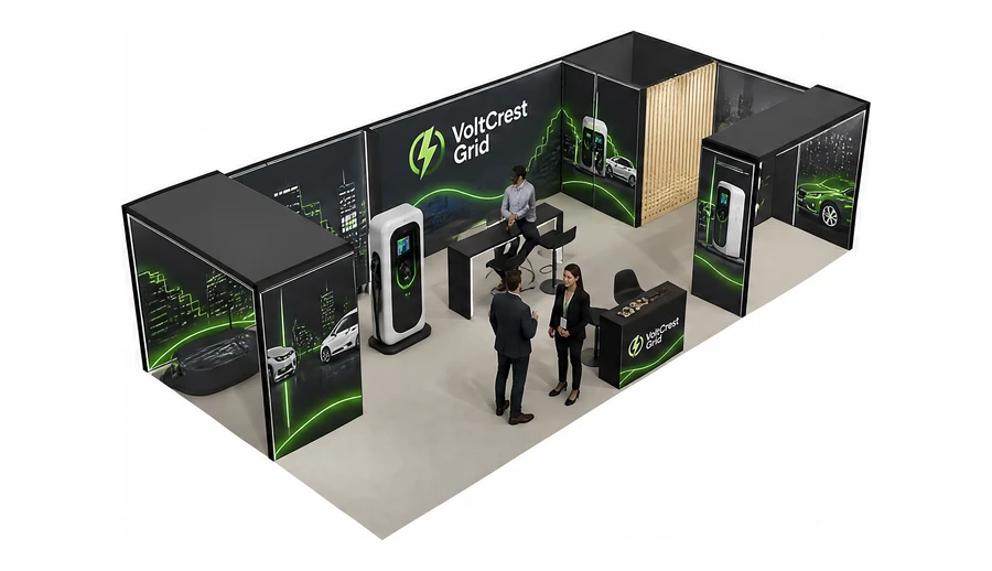 Stoisko 10 × 5 m narożne prawe dla branży elektromobilność i ładowarki, przykładowa marka VoltCrest Grid