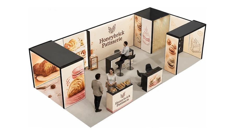 Stoisko 10 × 5 m narożne prawe dla branży piekarnictwo i cukiernictwo, przykładowa marka Honeybrick Patisserie