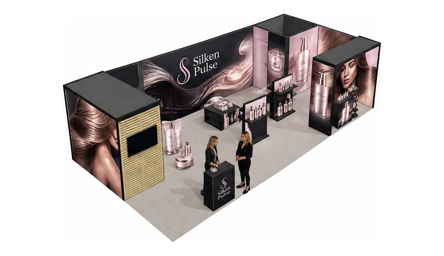 Stoisko 10 × 5 m narożne prawe dla branży fryzjerstwo i salony beauty, przykładowa marka Silken Pulse