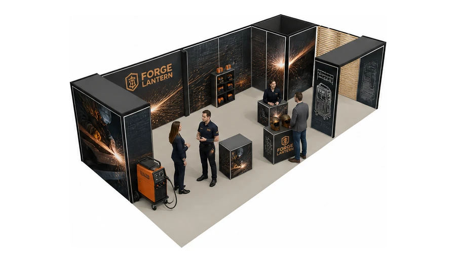 Stoisko 10 × 5 m narożne prawe dla branży spawalnictwo, przykładowa marka Forge Lantern