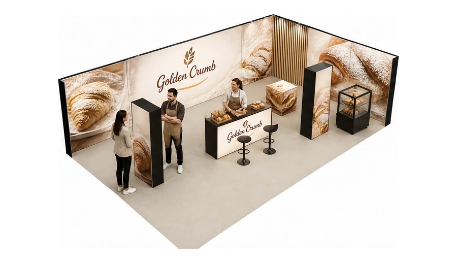 Stoisko 10 × 6 m narożne prawe dla branży piekarnictwo i cukiernictwo, przykładowa marka Golden Crumb