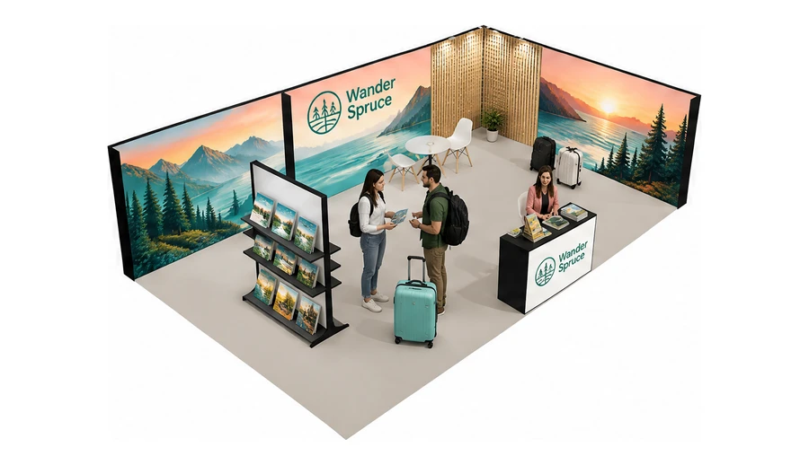 Stoisko 10 × 6 m narożne prawe dla branży biura podróży i regiony, przykładowa marka Wander Spruce