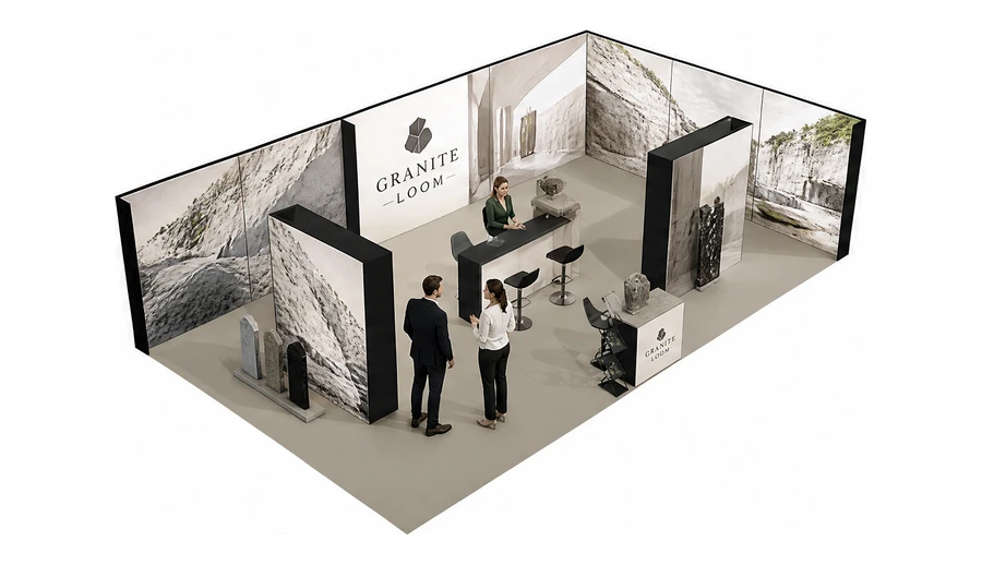 Stoisko 10 × 6 m narożne prawe dla branży kamień i kamieniarstwo, przykładowa marka Granite Loom