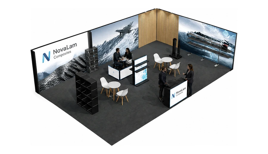 Stoisko 10 × 6 m narożne prawe dla branży materiały kompozytowe, przykładowa marka NovaLam Composites