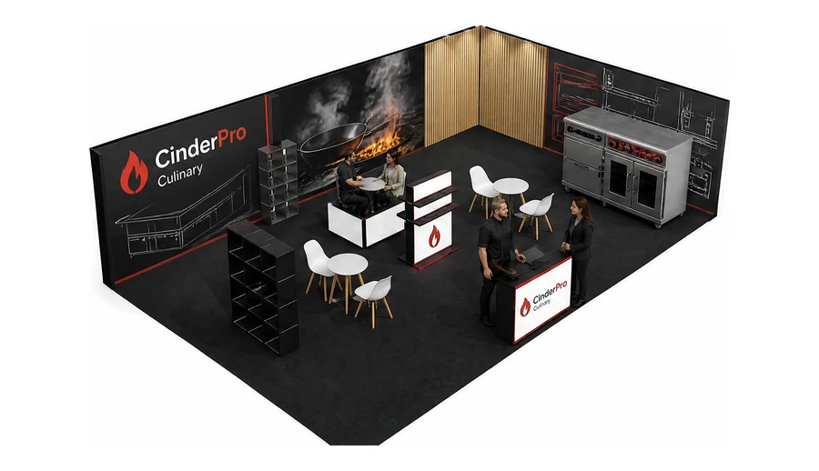 Stoisko 10 × 6 m narożne prawe dla branży wyposażenie gastronomii, przykładowa marka CinderPro Culinary