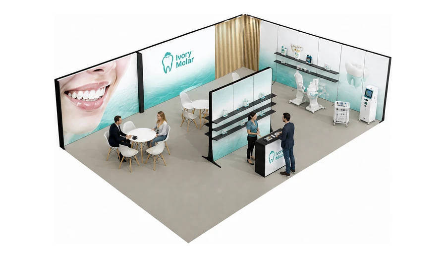 Stoisko 10 × 6 m narożne prawe dla branży stomatologia, przykładowa marka Ivory Molar