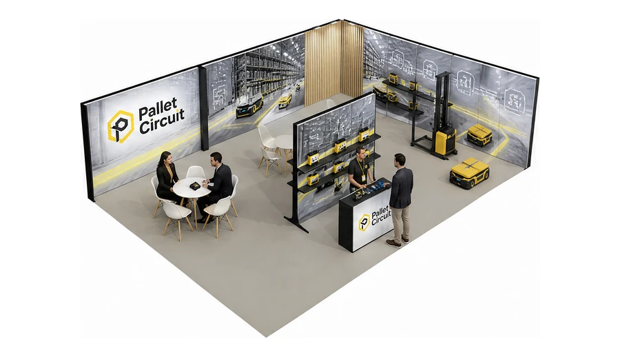 Stoisko 10 × 6 m narożne prawe dla branży intralogistyka i magazyn, przykładowa marka Pallet Circuit