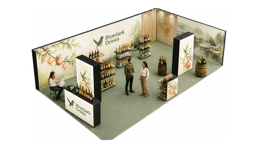Stoisko 10 × 6 m narożne prawe dla branży napoje, przykładowa marka Riverlark Drinks