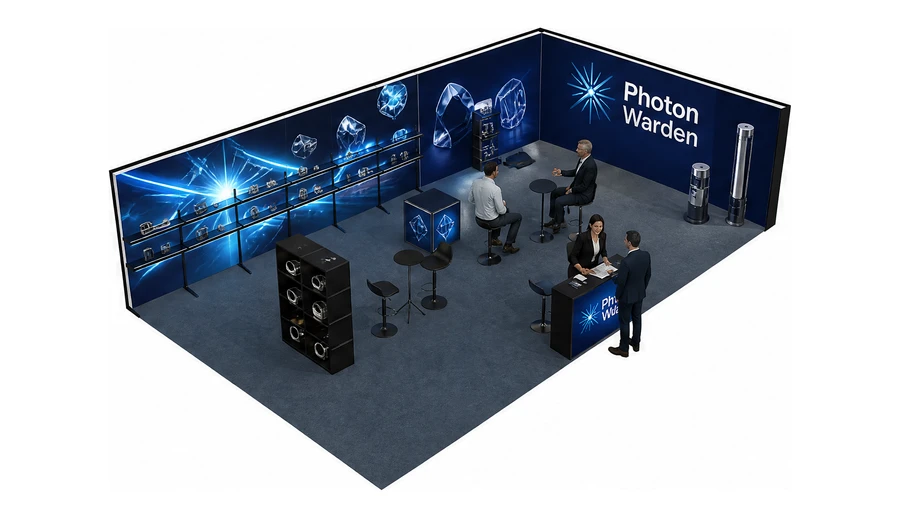 Stoisko 10 × 6 m narożne prawe dla branży technika laserowa i fotonika, przykładowa marka Photon Warden