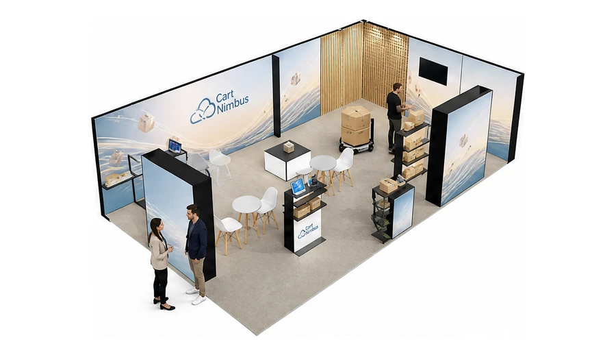 Stoisko 10 × 6 m narożne prawe dla branży e-commerce, przykładowa marka Cart Nimbus
