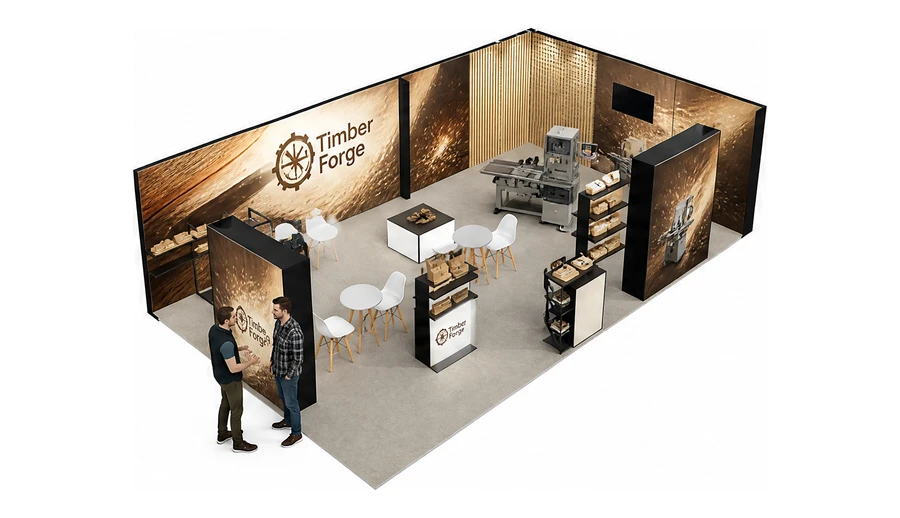 Stoisko 10 × 6 m narożne prawe dla branży maszyny do obróbki drewna, przykładowa marka Timber Forge