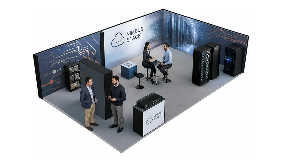 Stoisko 10 × 6 m narożne prawe dla branży infrastruktura IT i data center, przykładowa marka Nimbus Stack