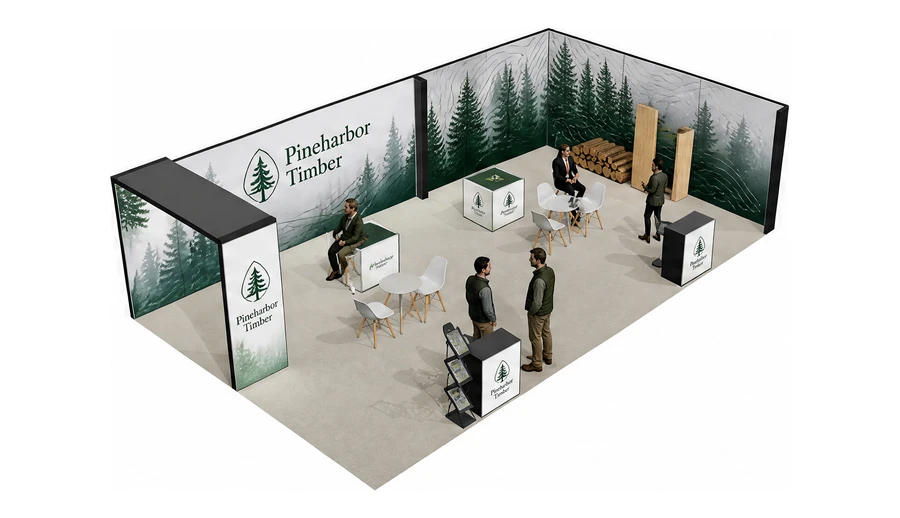 Stoisko 10 × 6 m narożne prawe dla branży leśnictwo i przemysł drzewny, przykładowa marka Pineharbor Timber